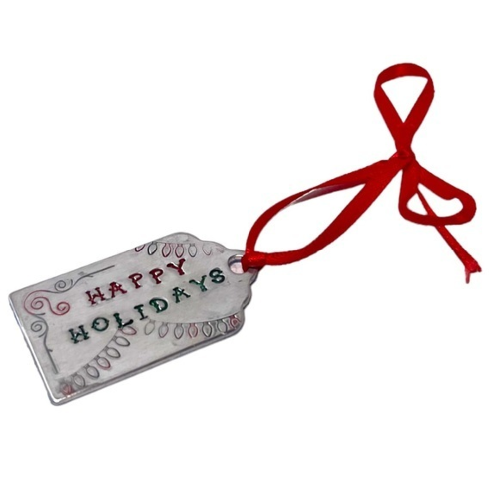 Handmade Holiday stamped happy holidays Silver aluminum red ribbon ornament